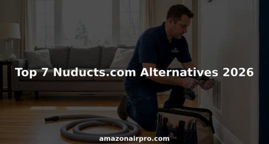 Technician working on air duct in bright living room