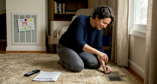 Homeowner checking air duct vent in living room