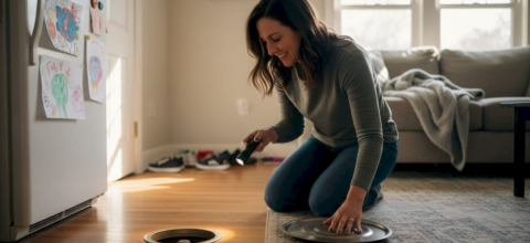 Homeowner inspecting floor vent for dust