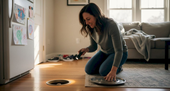 Homeowner inspecting floor vent for dust