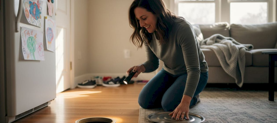 Homeowner inspecting floor vent for dust