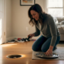Homeowner inspecting floor vent for dust