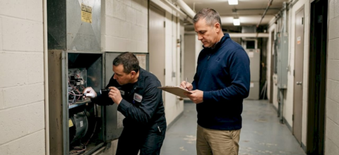 Building manager reviews duct cleaning in hallway