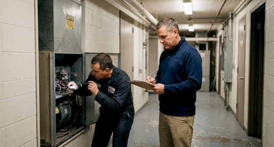 Building manager reviews duct cleaning in hallway