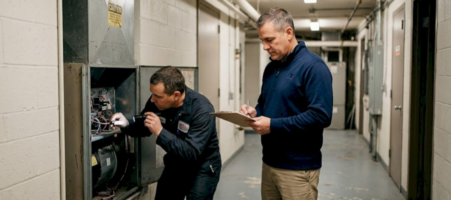 Building manager reviews duct cleaning in hallway