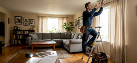 Technician inspects residential HVAC vent cover