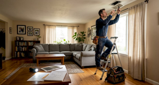 Technician inspects residential HVAC vent cover