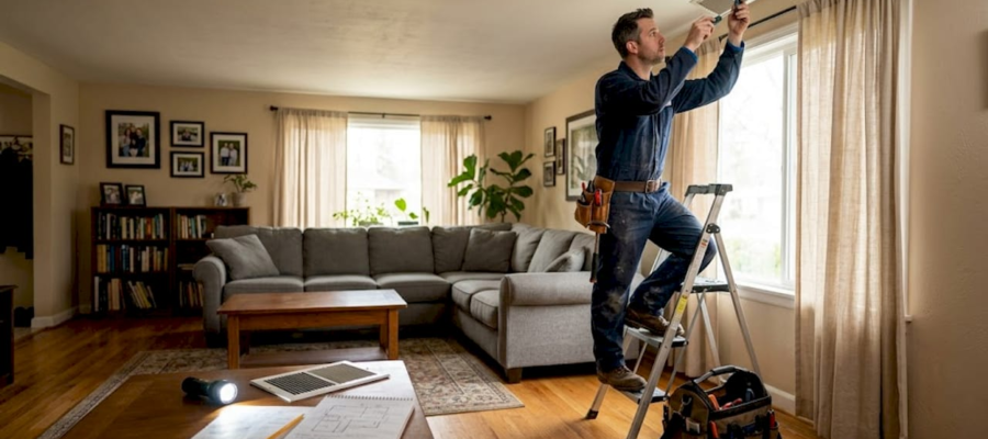 Technician inspects residential HVAC vent cover