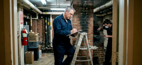 Maintenance workers in a brick basement; one on a ladder writing on a clipboard, the other wearing a mask and using a tool near a brick column.