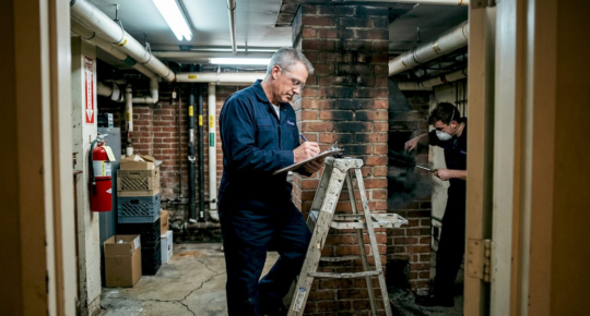 Maintenance workers in a brick basement; one on a ladder writing on a clipboard, the other wearing a mask and using a tool near a brick column.