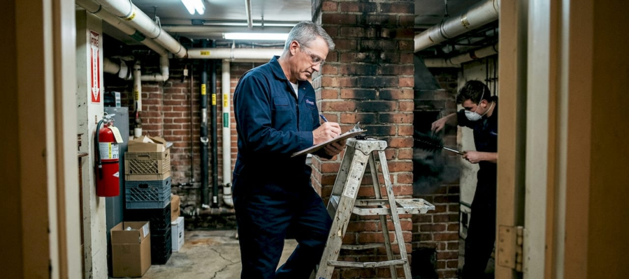Maintenance workers in a brick basement; one on a ladder writing on a clipboard, the other wearing a mask and using a tool near a brick column.