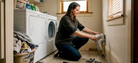 Woman kneeling in a laundry room, removing a flexible dryer vent hose from the wall near baseboard.