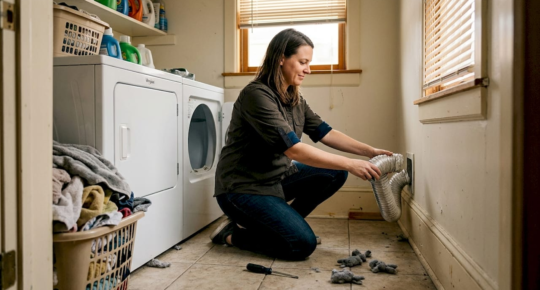 Woman kneeling in a laundry room, removing a flexible dryer vent hose from the wall near baseboard.