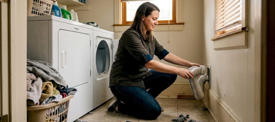 Woman kneeling in a laundry room, removing a flexible dryer vent hose from the wall near baseboard.