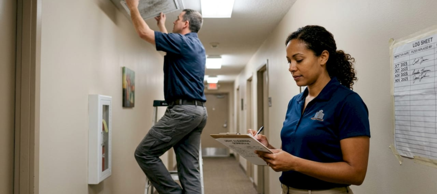 Property manager reviewing vent cleaning schedule