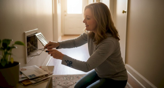 Homeowner inspecting dusty vent in hallway