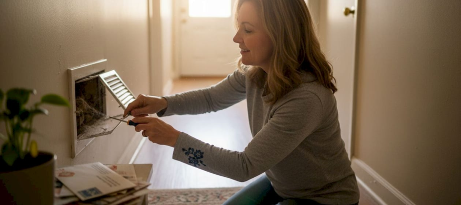Homeowner inspecting dusty vent in hallway