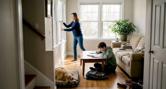 Family ventilates bright lived-in living room