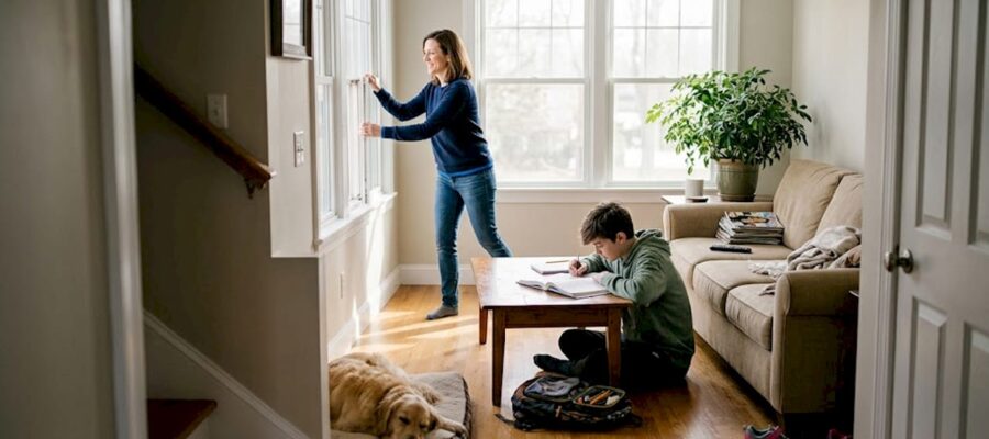 Family ventilates bright lived-in living room