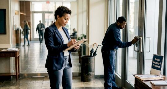 Property manager checks cleaning in busy lobby