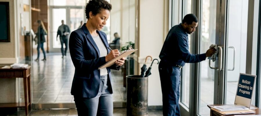 Property manager checks cleaning in busy lobby