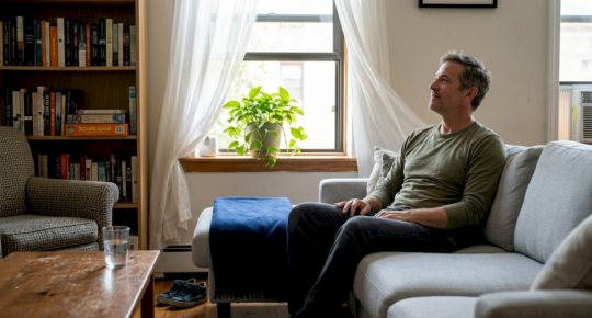 Man relaxing on a light-gray sofa in a cozy living room, with a potted plant on the windowsill and a bookshelf nearby.