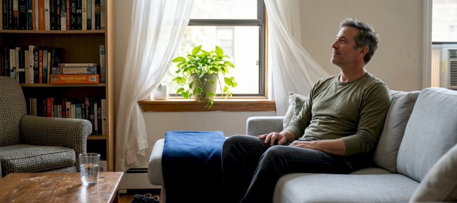 Man relaxing on a light-gray sofa in a cozy living room, with a potted plant on the windowsill and a bookshelf nearby.