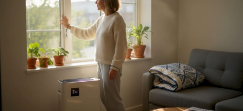Woman airing out room by air purifier
