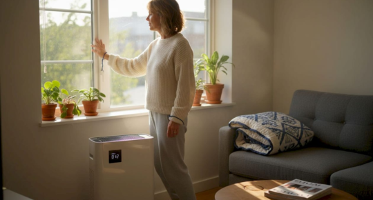Woman airing out room by air purifier