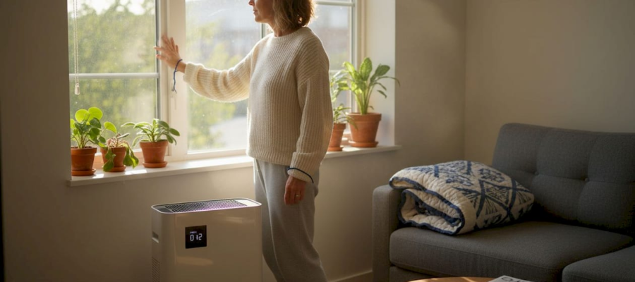 Woman airing out room by air purifier