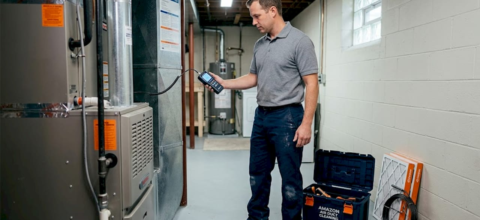 Technician inspecting HVAC in basement