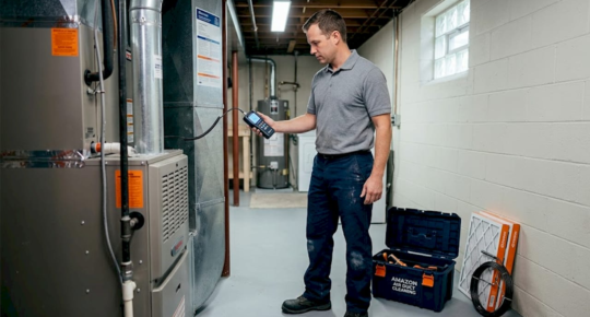 Technician inspecting HVAC in basement
