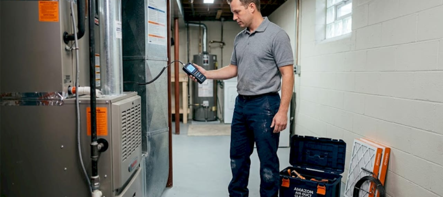 Technician inspecting HVAC in basement