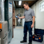 Technician inspecting HVAC in basement