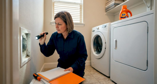 A woman uses a flashlight to inspect a wall vent in a laundry room while taking notes with an orange folder nearby and a washing machine and dryer in the background.