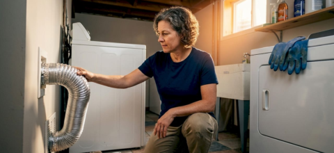 Woman kneeling in a laundry room, connecting a silver dryer vent hose to a wall vent.