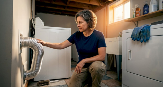 Woman kneeling in a laundry room, connecting a silver dryer vent hose to a wall vent.