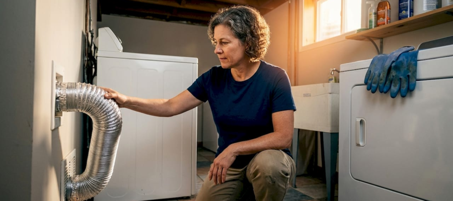Woman kneeling in a laundry room, connecting a silver dryer vent hose to a wall vent.