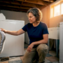 Woman kneeling in a laundry room, connecting a silver dryer vent hose to a wall vent.
