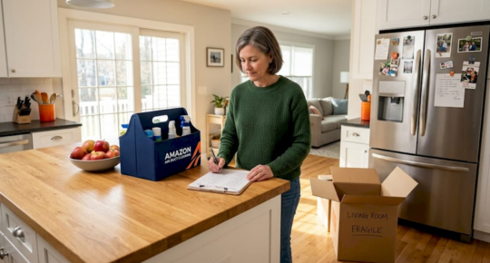 Woman preparing home for sale checklist kitchen
