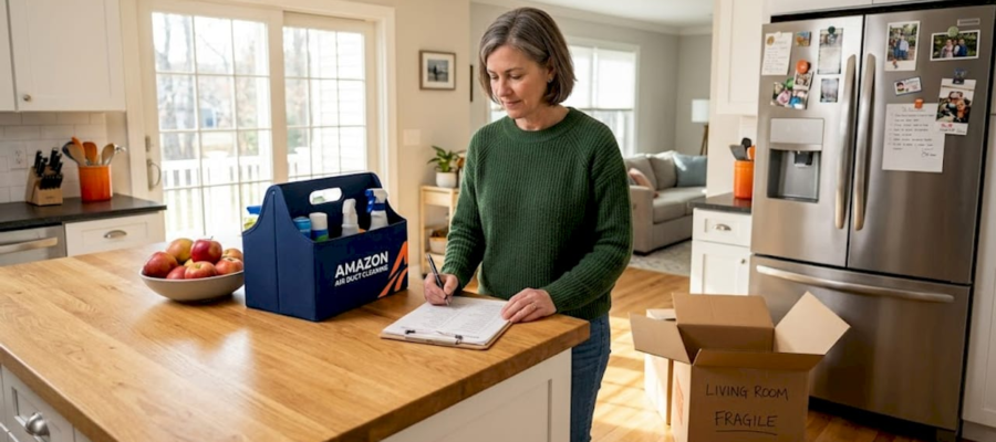Woman preparing home for sale checklist kitchen