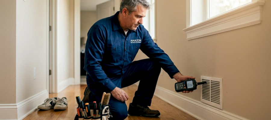 HVAC technician inspecting home air ducts