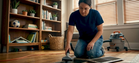 Homeowner cleaning living room floor vent