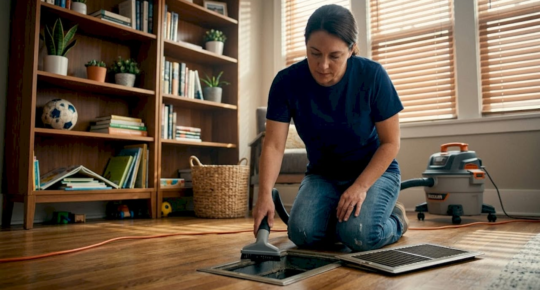 Homeowner cleaning living room floor vent