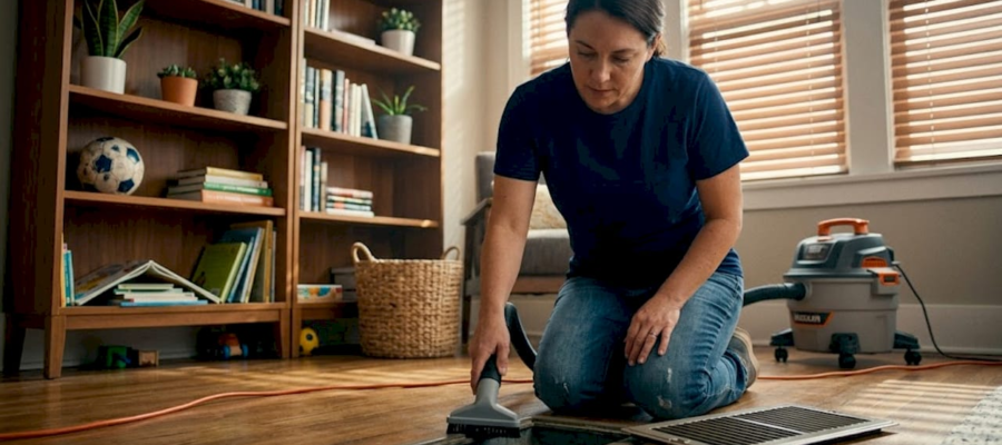 Homeowner cleaning living room floor vent