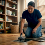 Homeowner cleaning living room floor vent