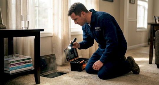 Technician inspecting home air duct