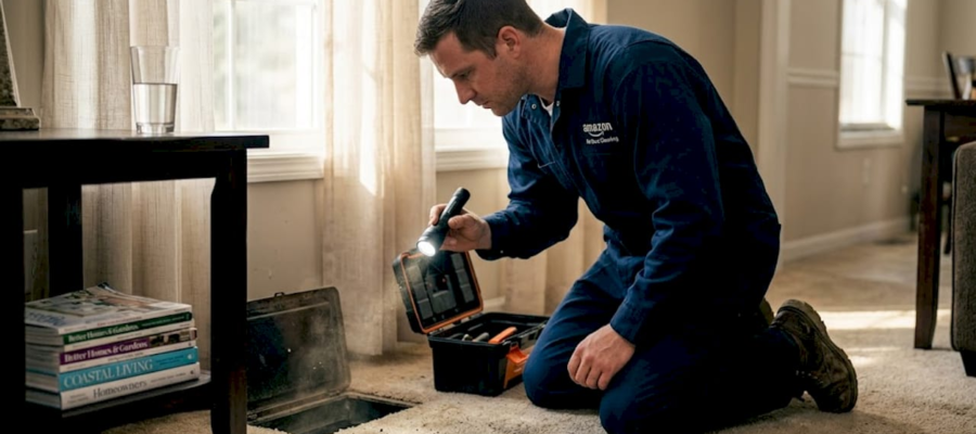 Technician inspecting home air duct