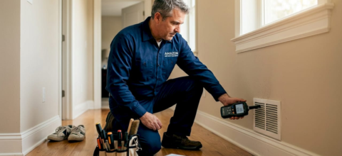 HVAC technician inspecting home air ducts