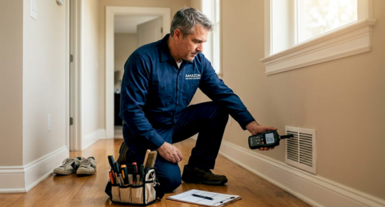 HVAC technician inspecting home air ducts